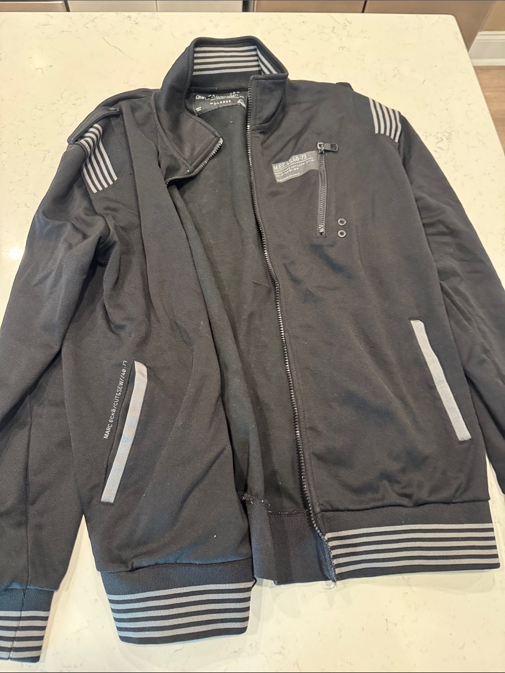 Marc Ecko Black Track-Style Bomber Jacket with Gray Stripes